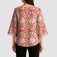 Red Ngatu Pattern Malo e Lelei Tonga Kimono Sleeve Blouse
