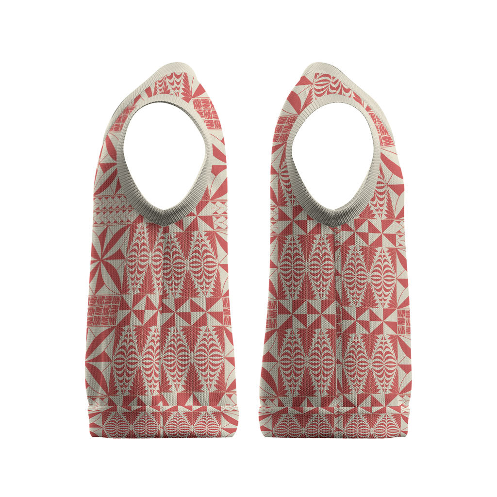 Red Ngatu Pattern Malo e Lelei Tonga Christmas Knitted V-Neck Vest