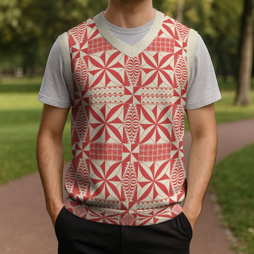 Red Ngatu Pattern Malo e Lelei Tonga Christmas Knitted V-Neck Vest