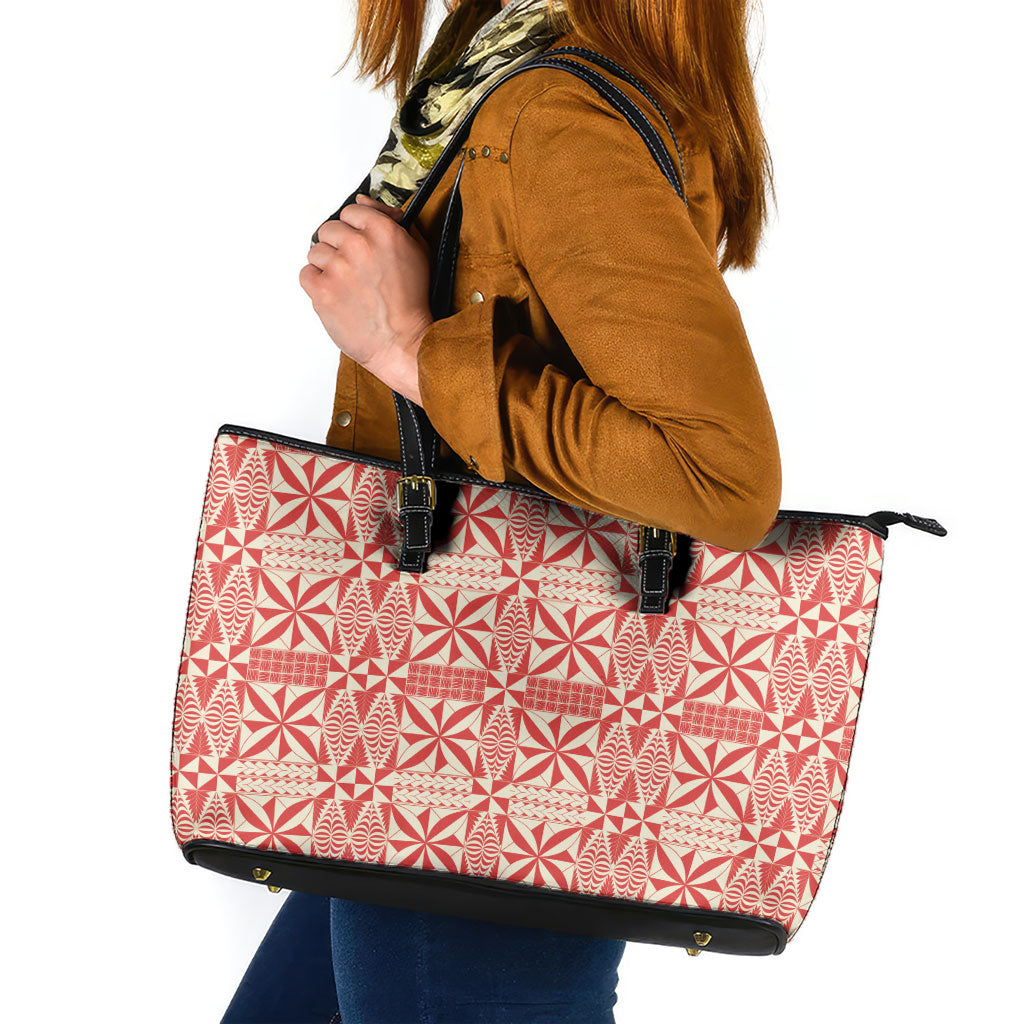 Red Ngatu Pattern Malo e Lelei Tonga Leather Tote Bag