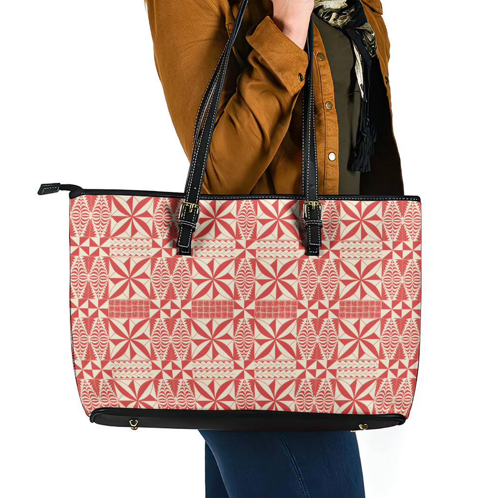 Red Ngatu Pattern Malo e Lelei Tonga Leather Tote Bag