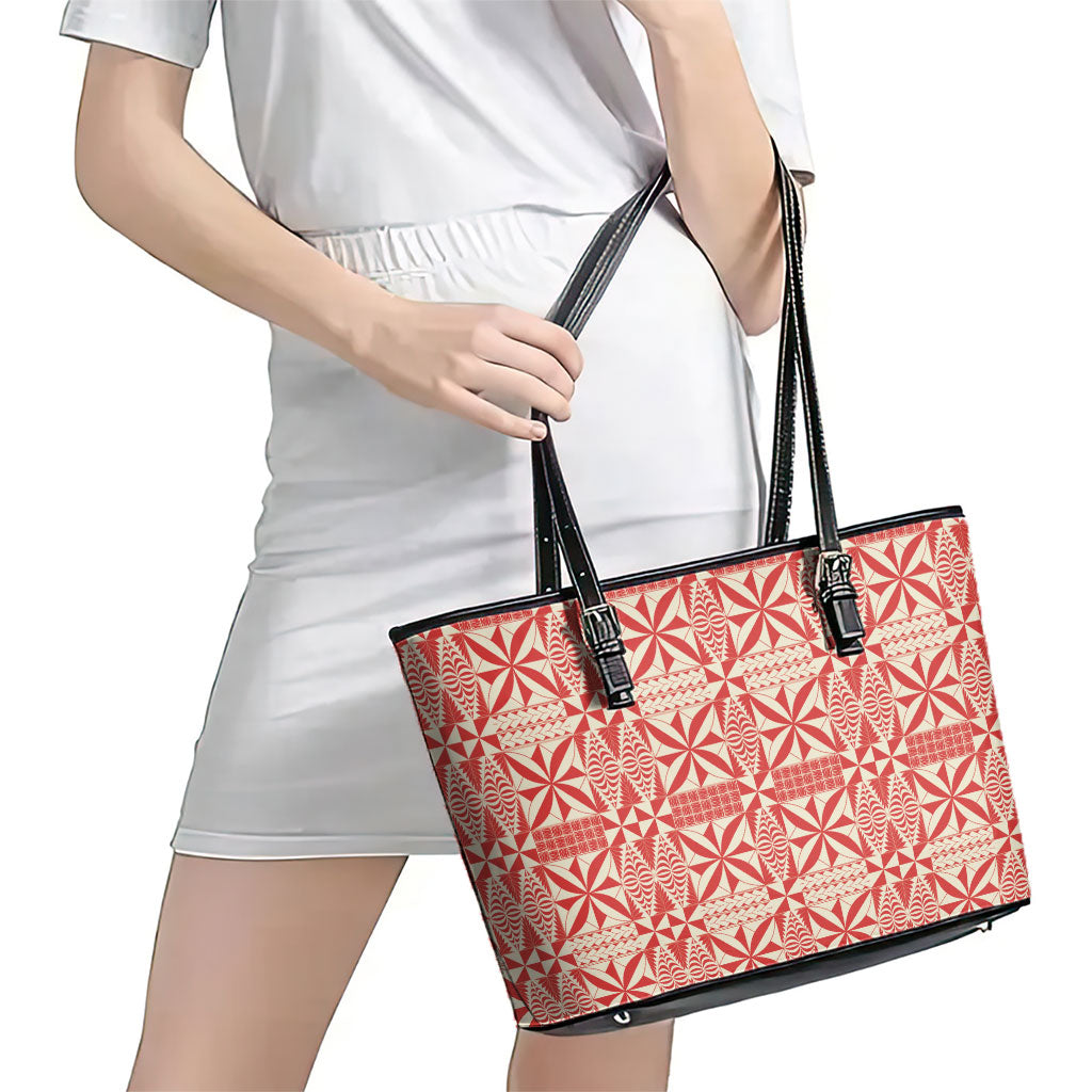 Red Ngatu Pattern Malo e Lelei Tonga Leather Tote Bag