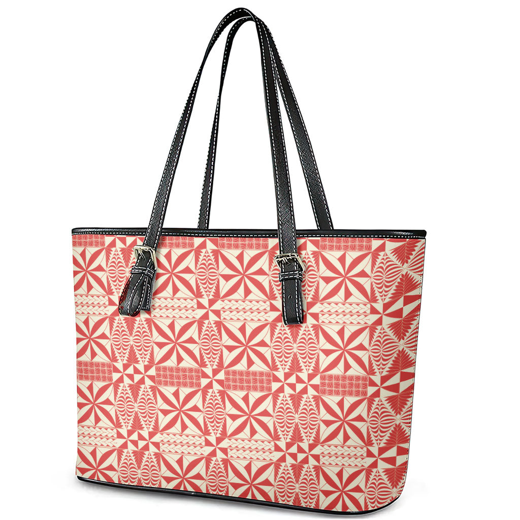 Red Ngatu Pattern Malo e Lelei Tonga Leather Tote Bag