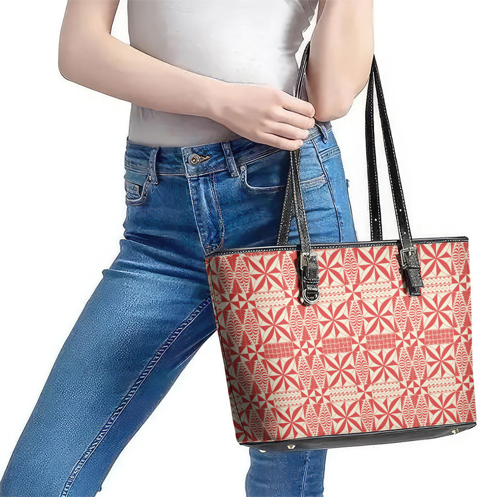 Red Ngatu Pattern Malo e Lelei Tonga Leather Tote Bag