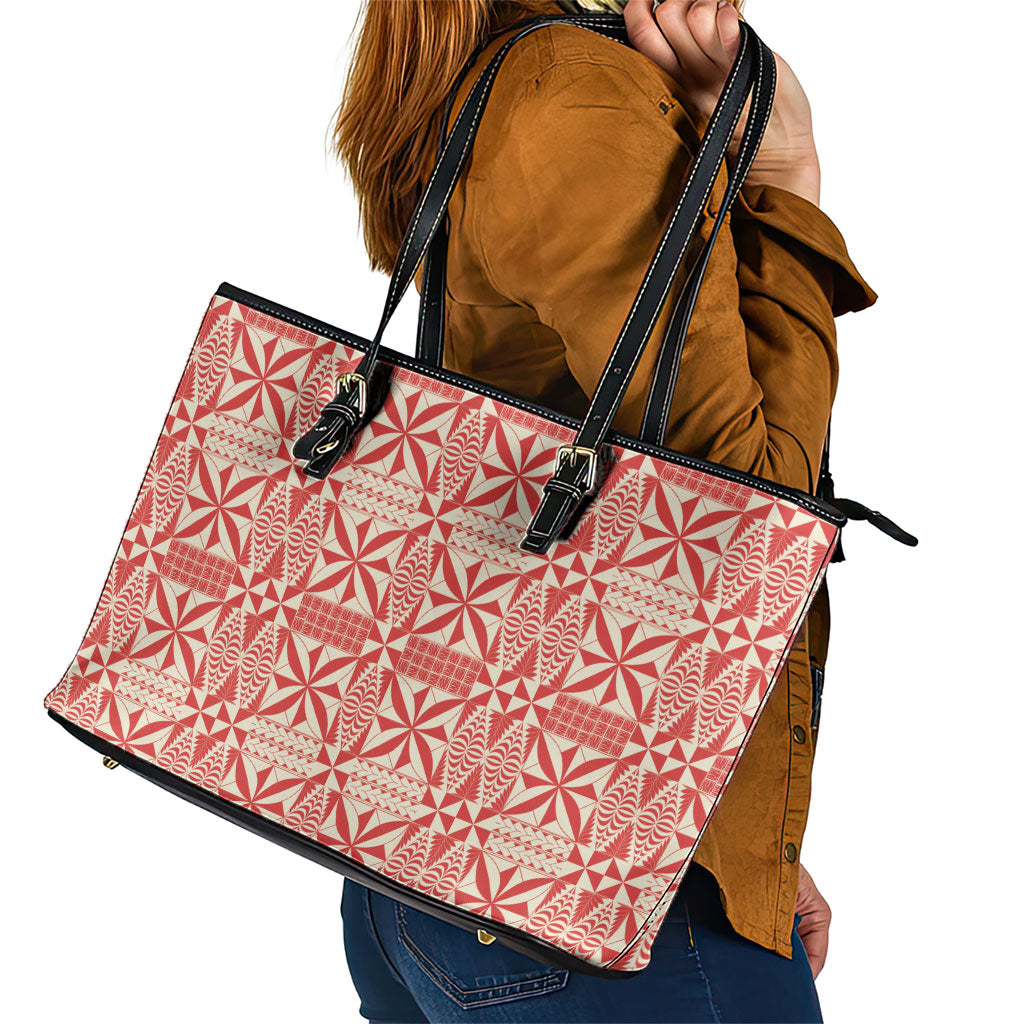 Red Ngatu Pattern Malo e Lelei Tonga Leather Tote Bag