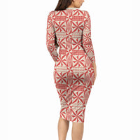 Red Ngatu Pattern Malo e Lelei Tonga Long Sleeve Bodycon Dress