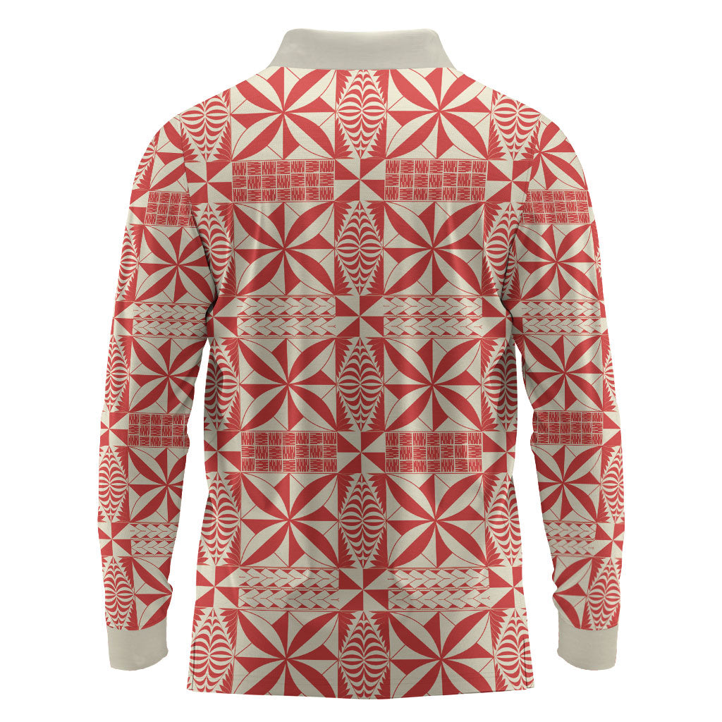 Red Ngatu Pattern Malo e Lelei Tonga Long Sleeve Polo Shirt