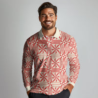 Red Ngatu Pattern Malo e Lelei Tonga Long Sleeve Polo Shirt