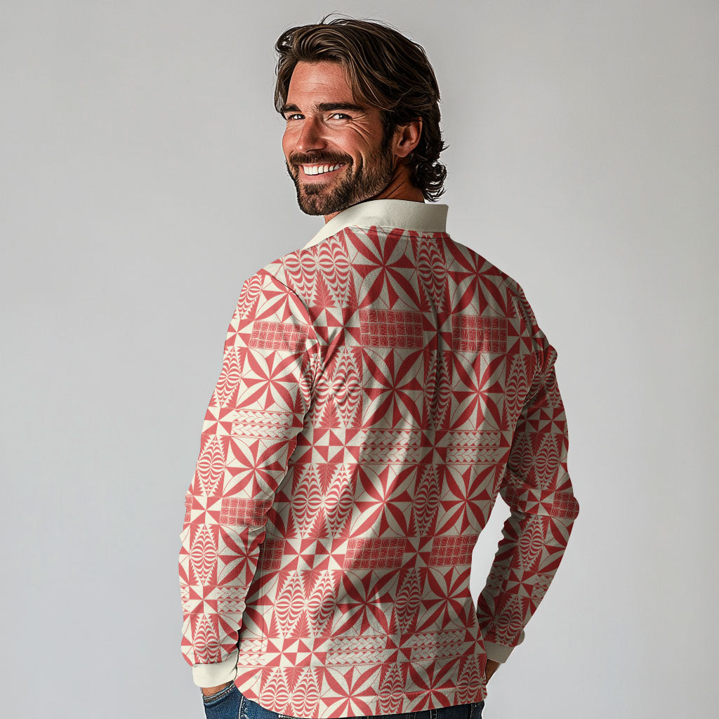 Red Ngatu Pattern Malo e Lelei Tonga Long Sleeve Polo Shirt