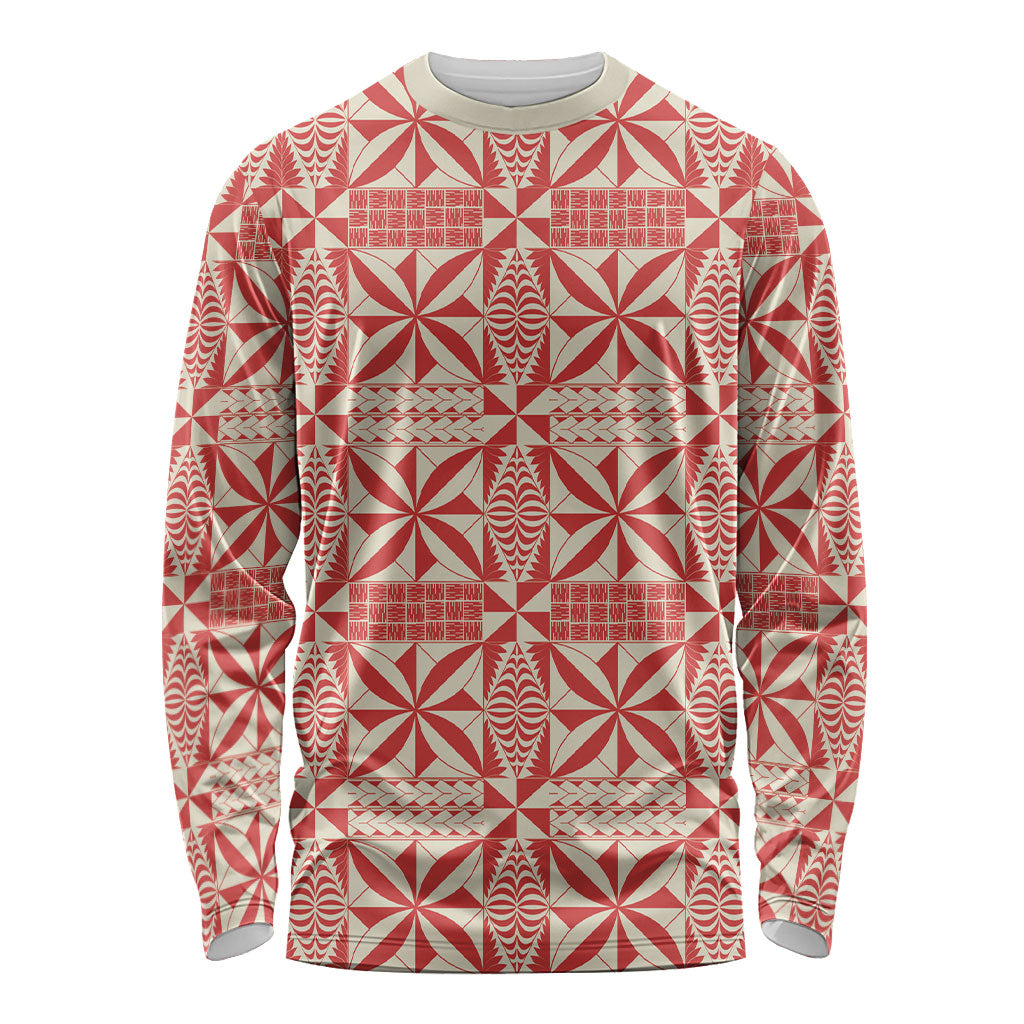 Red Ngatu Pattern Malo e Lelei Tonga Long Sleeve Shirt