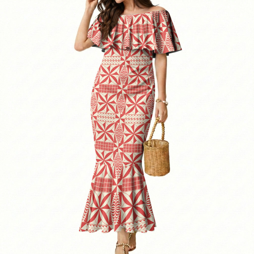 Red Ngatu Pattern Malo e Lelei Tonga Mermaid Dress LT14 Women Red - Polynesian Pride