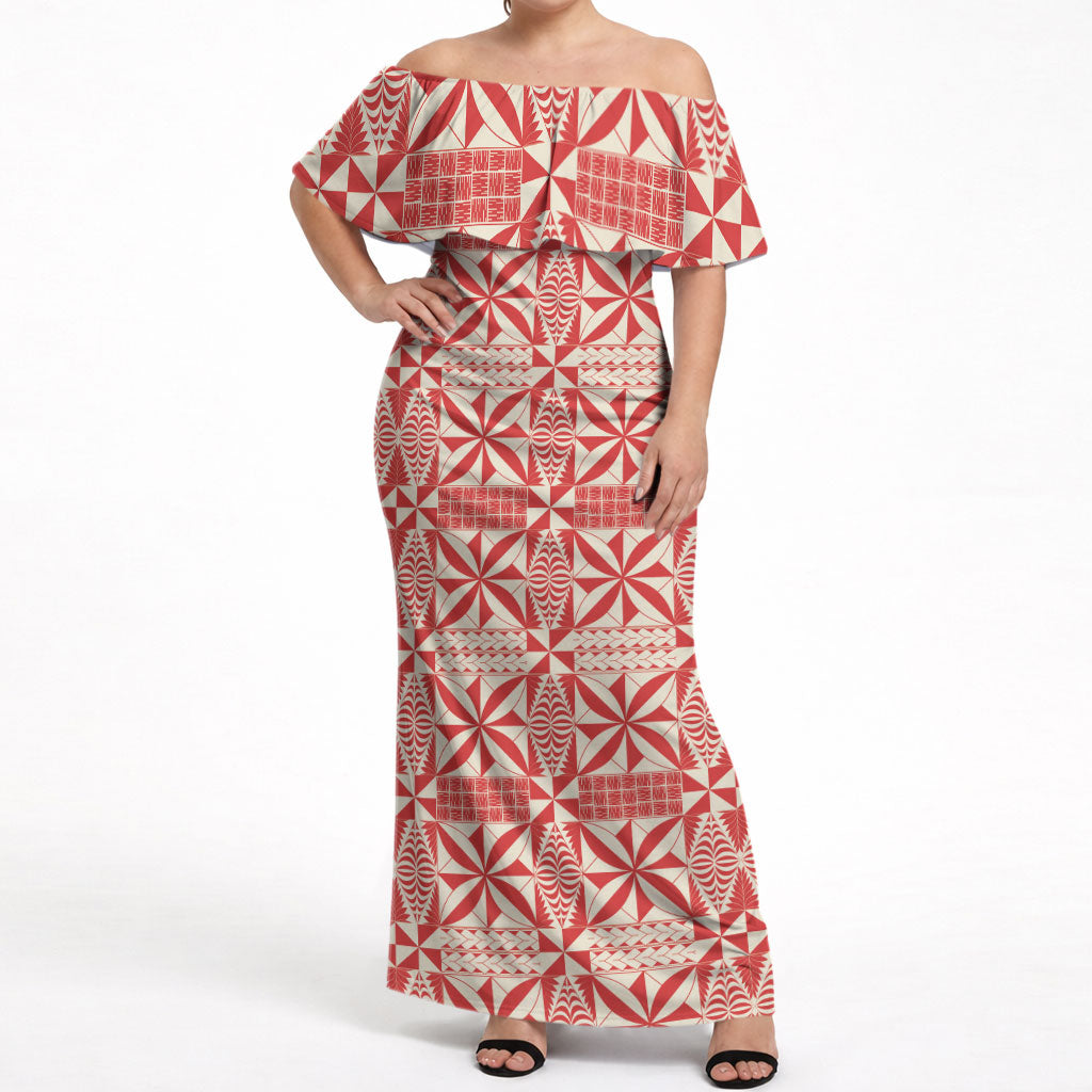 Red Ngatu Pattern Malo e Lelei Tonga Off Shoulder Maxi Dress