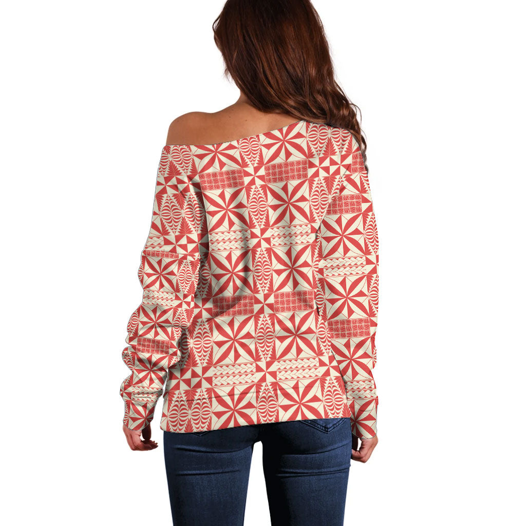 Red Ngatu Pattern Malo e Lelei Tonga Off Shoulder Sweater