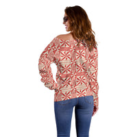 Red Ngatu Pattern Malo e Lelei Tonga Off Shoulder Sweater