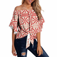 Red Ngatu Pattern Malo e Lelei Tonga Off Shoulder Wrap Waist Top