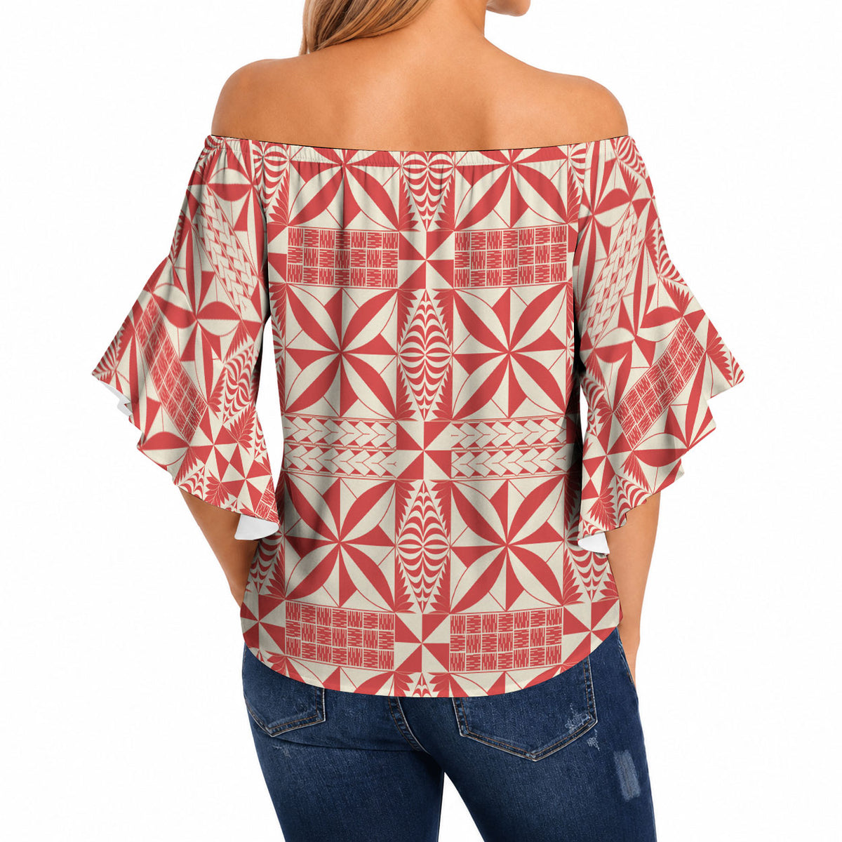 Red Ngatu Pattern Malo e Lelei Tonga Off Shoulder Wrap Waist Top