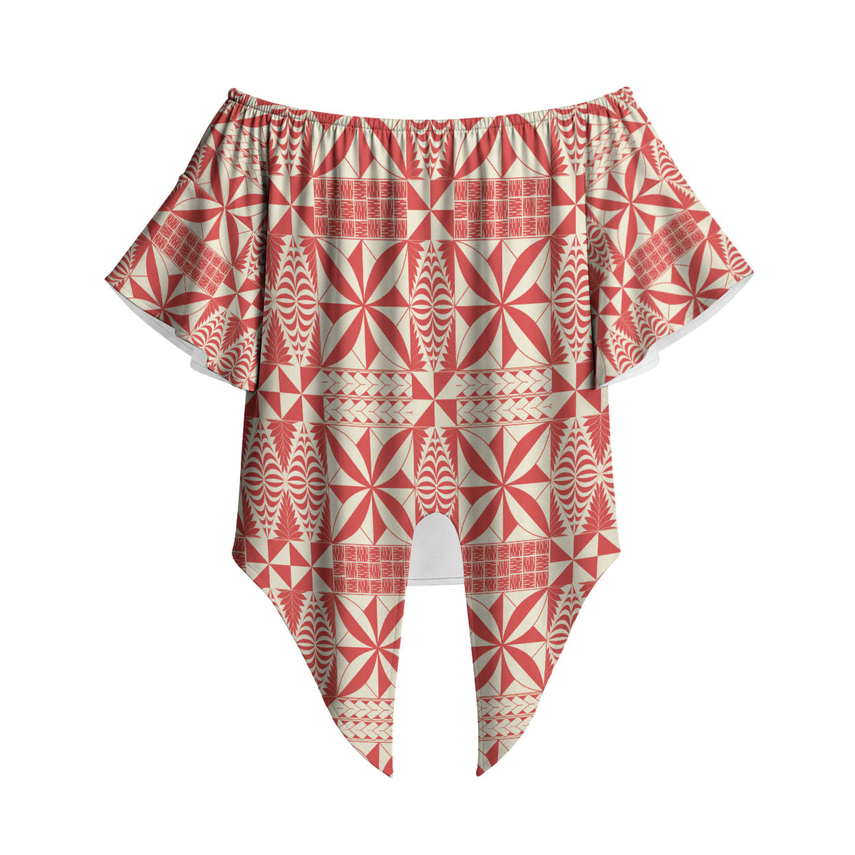 Red Ngatu Pattern Malo e Lelei Tonga Off Shoulder Wrap Waist Top