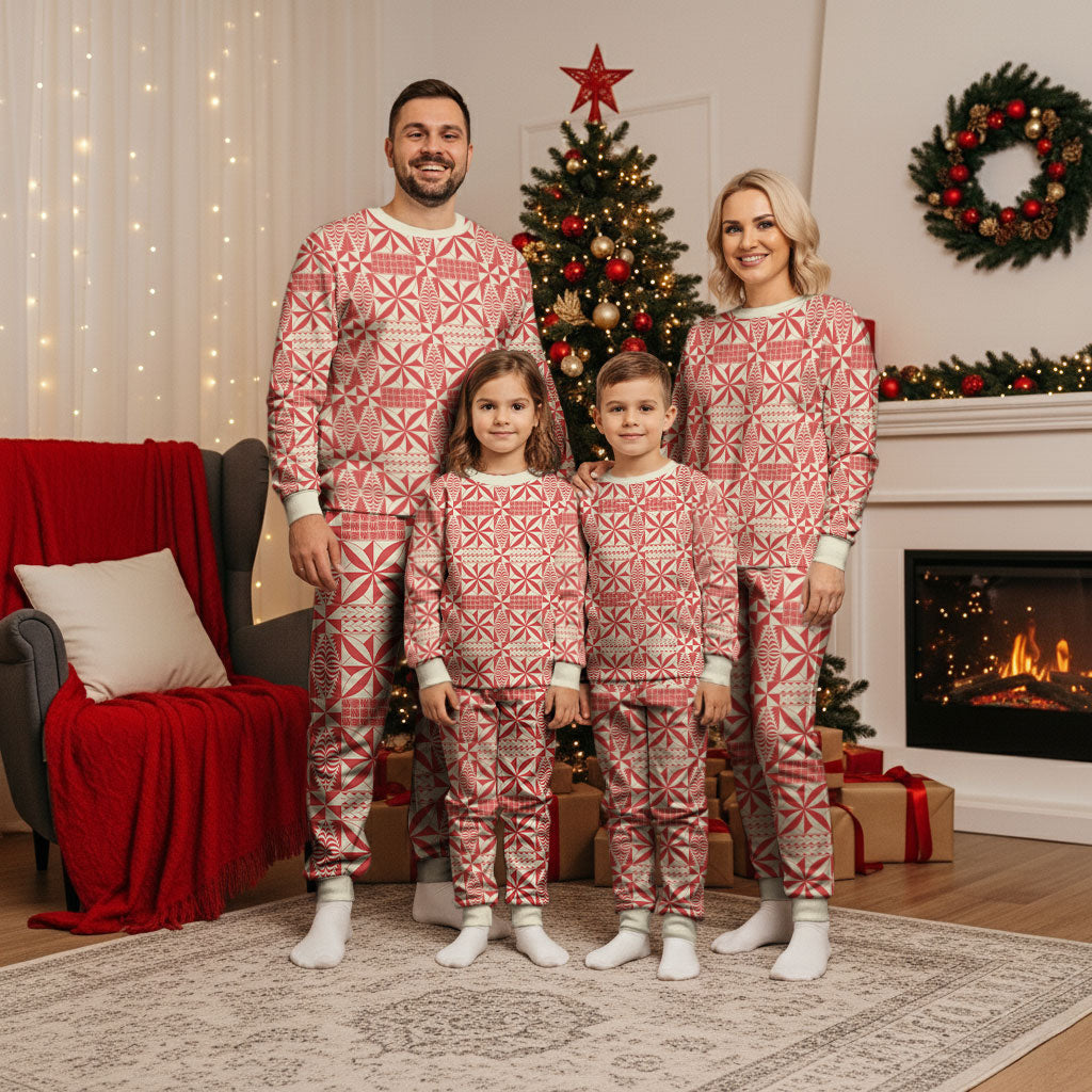 Red Ngatu Pattern Malo e Lelei Tonga Christmas Pajama Set