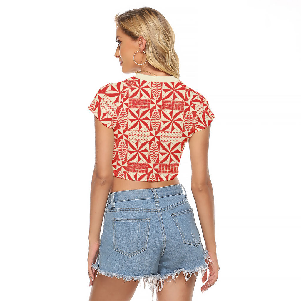 Red Ngatu Pattern Malo e Lelei Tonga Raglan Cropped T Shirt