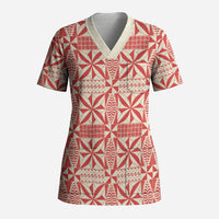 Red Ngatu Pattern Malo e Lelei Tonga Scrub Top