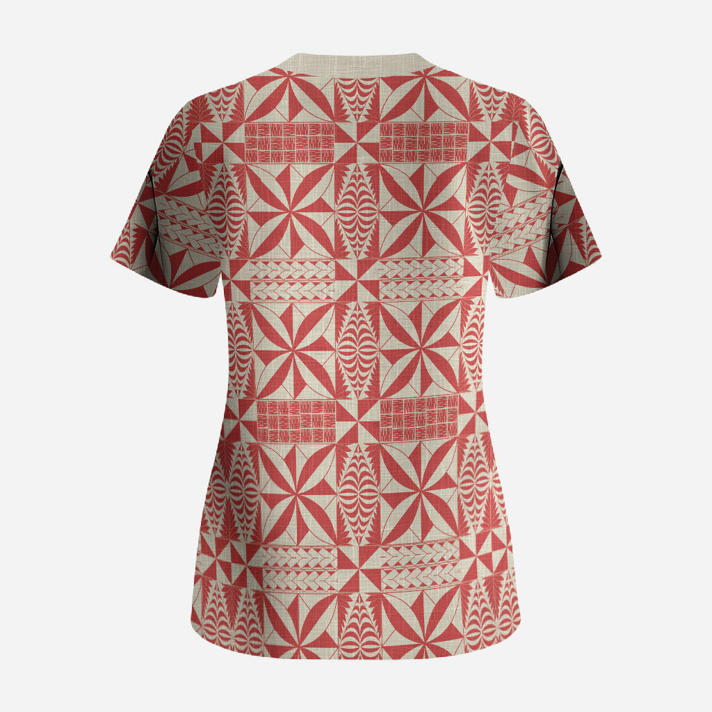 Red Ngatu Pattern Malo e Lelei Tonga Scrub Top