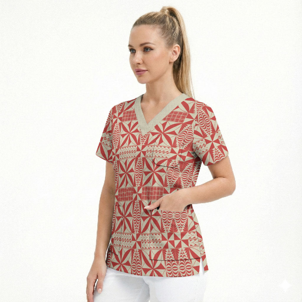 Red Ngatu Pattern Malo e Lelei Tonga Scrub Top