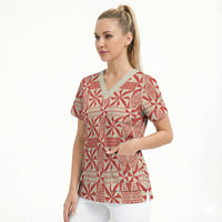 Red Ngatu Pattern Malo e Lelei Tonga Scrub Top