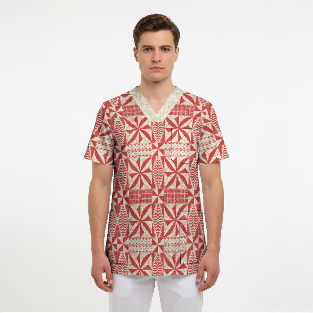 Red Ngatu Pattern Malo e Lelei Tonga Scrub Top