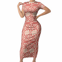 Red Ngatu Pattern Malo e Lelei Tonga Short Sleeve Bodycon Dress
