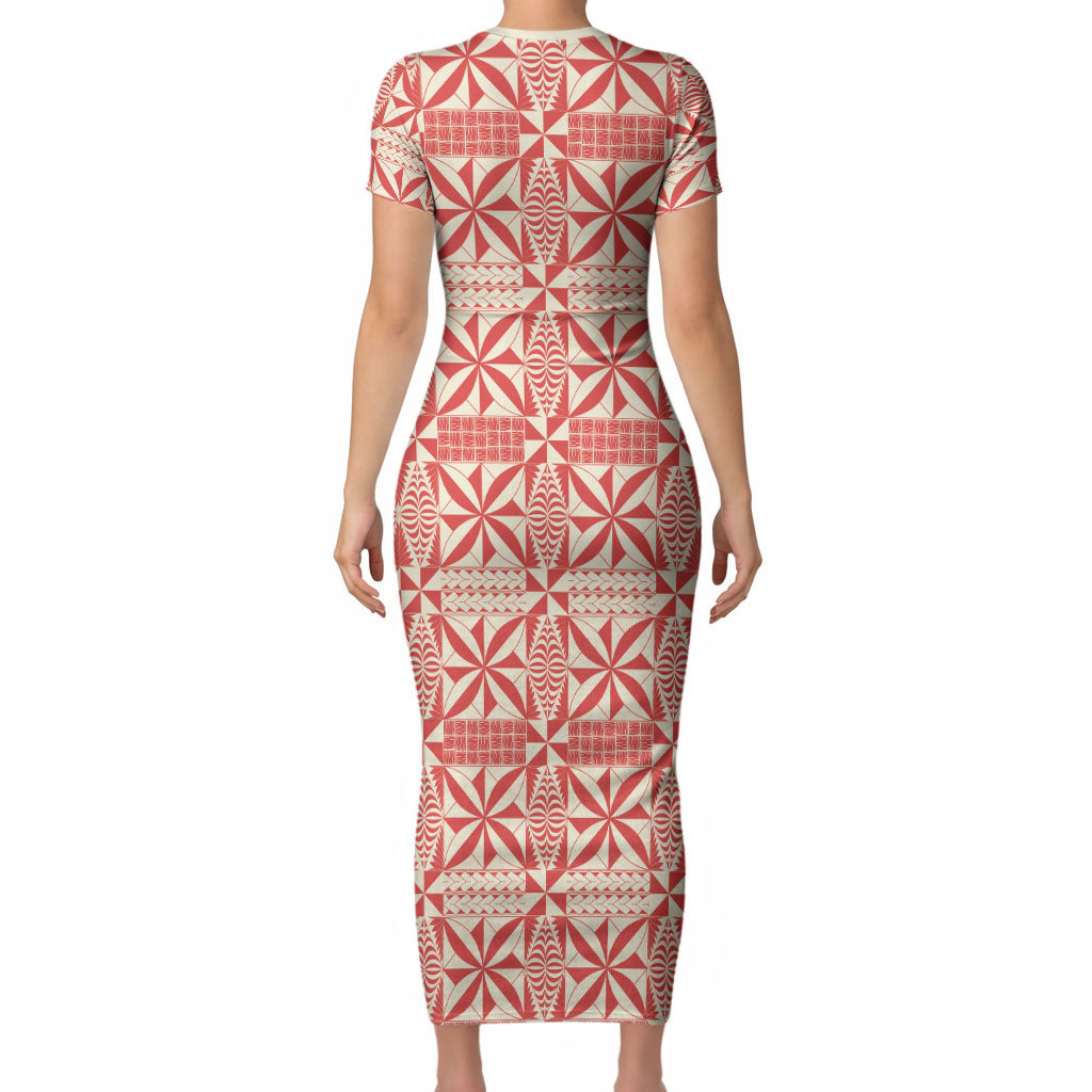 Red Ngatu Pattern Malo e Lelei Tonga Short Sleeve Bodycon Dress