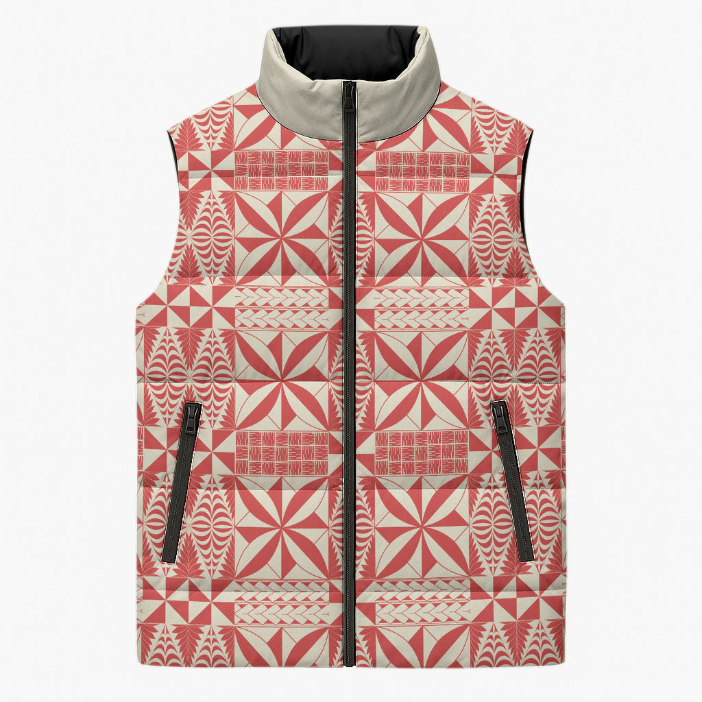 Red Ngatu Pattern Malo e Lelei Tonga Sleeveless Puffer Jacket