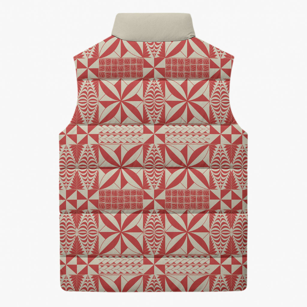 Red Ngatu Pattern Malo e Lelei Tonga Sleeveless Puffer Jacket