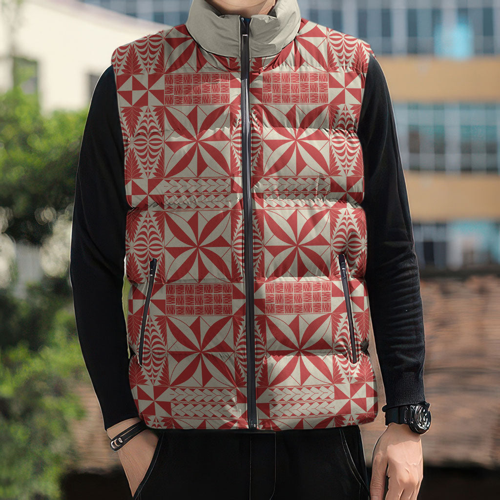 Red Ngatu Pattern Malo e Lelei Tonga Sleeveless Puffer Jacket