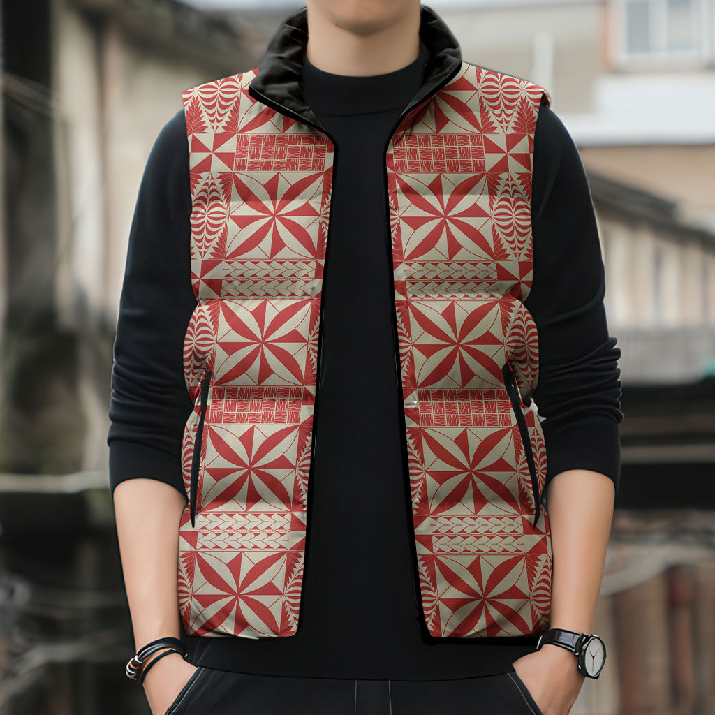 Red Ngatu Pattern Malo e Lelei Tonga Sleeveless Puffer Jacket