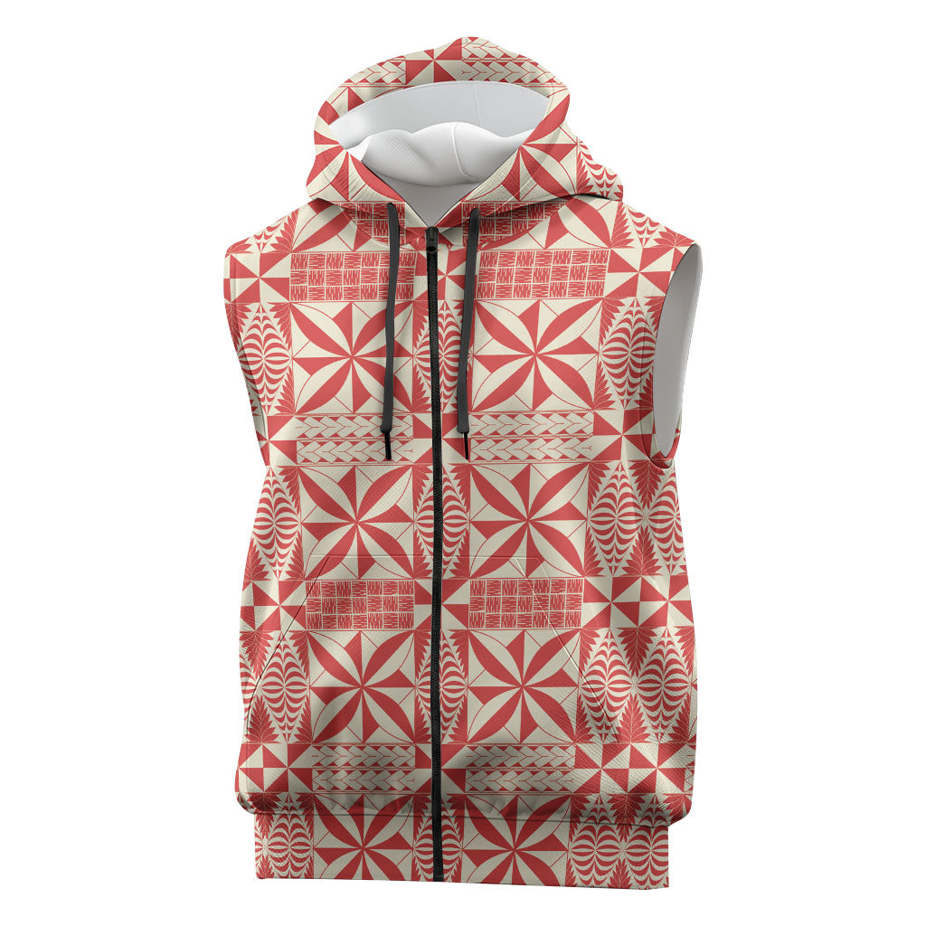 Red Ngatu Pattern Malo e Lelei Tonga Sleeveless Zip Hoodie