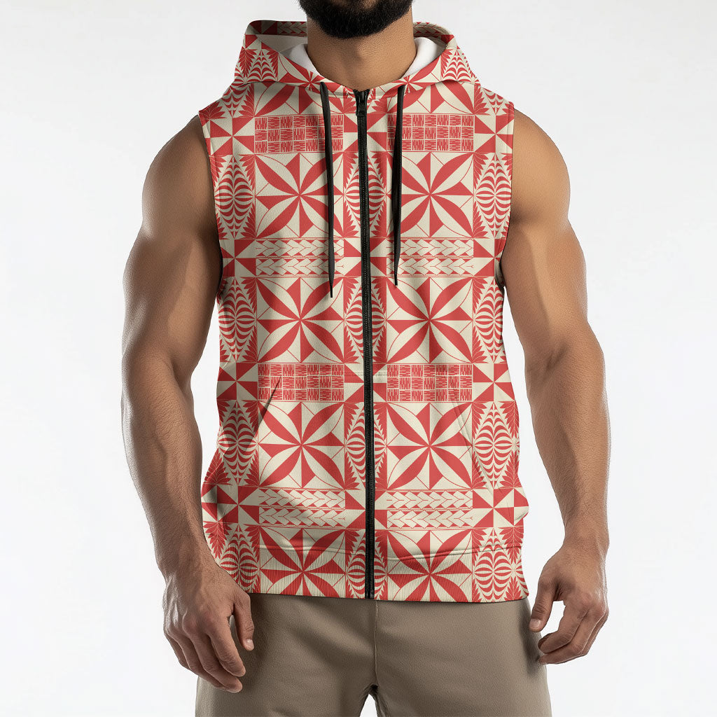 Red Ngatu Pattern Malo e Lelei Tonga Sleeveless Zip Hoodie