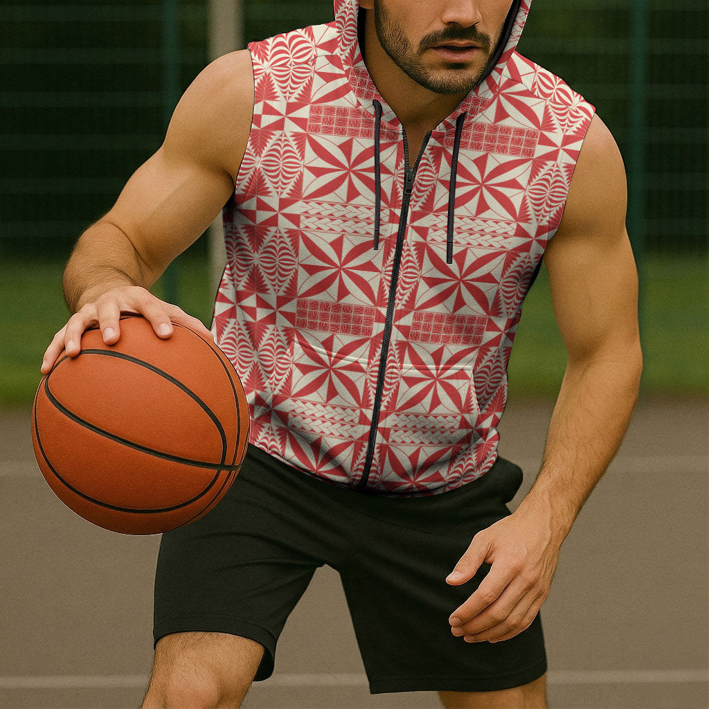 Red Ngatu Pattern Malo e Lelei Tonga Sleeveless Zip Hoodie