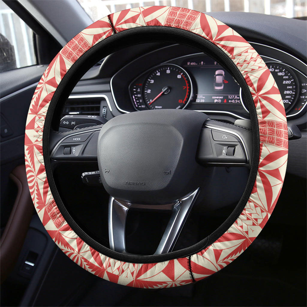 Red Ngatu Pattern Malo e Lelei Tonga Steering Wheel Cover