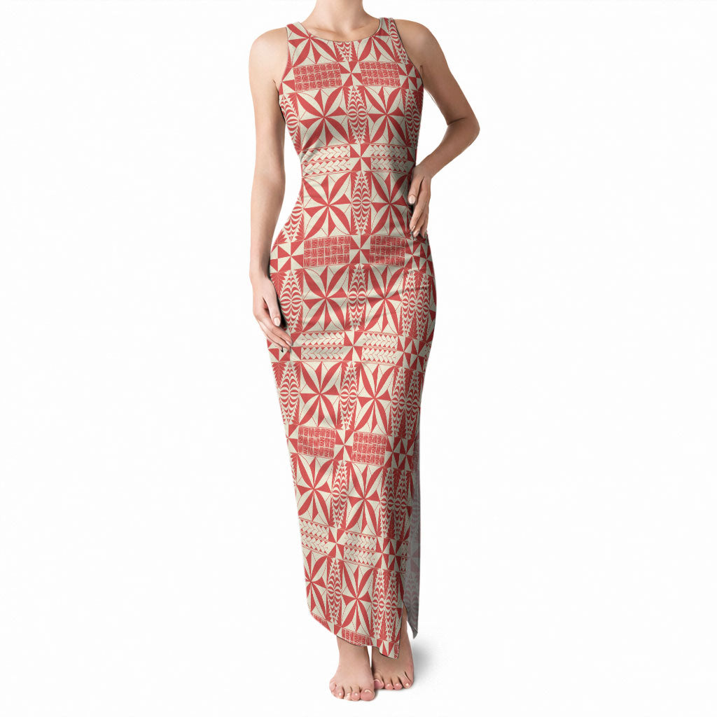 Red Ngatu Pattern Malo e Lelei Tonga Tank Maxi Dress