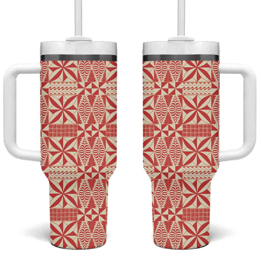 Red Ngatu Pattern Malo e Lelei Tonga Tumbler With Handle