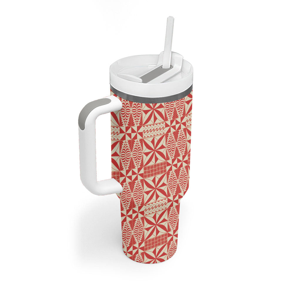 Red Ngatu Pattern Malo e Lelei Tonga Tumbler With Handle