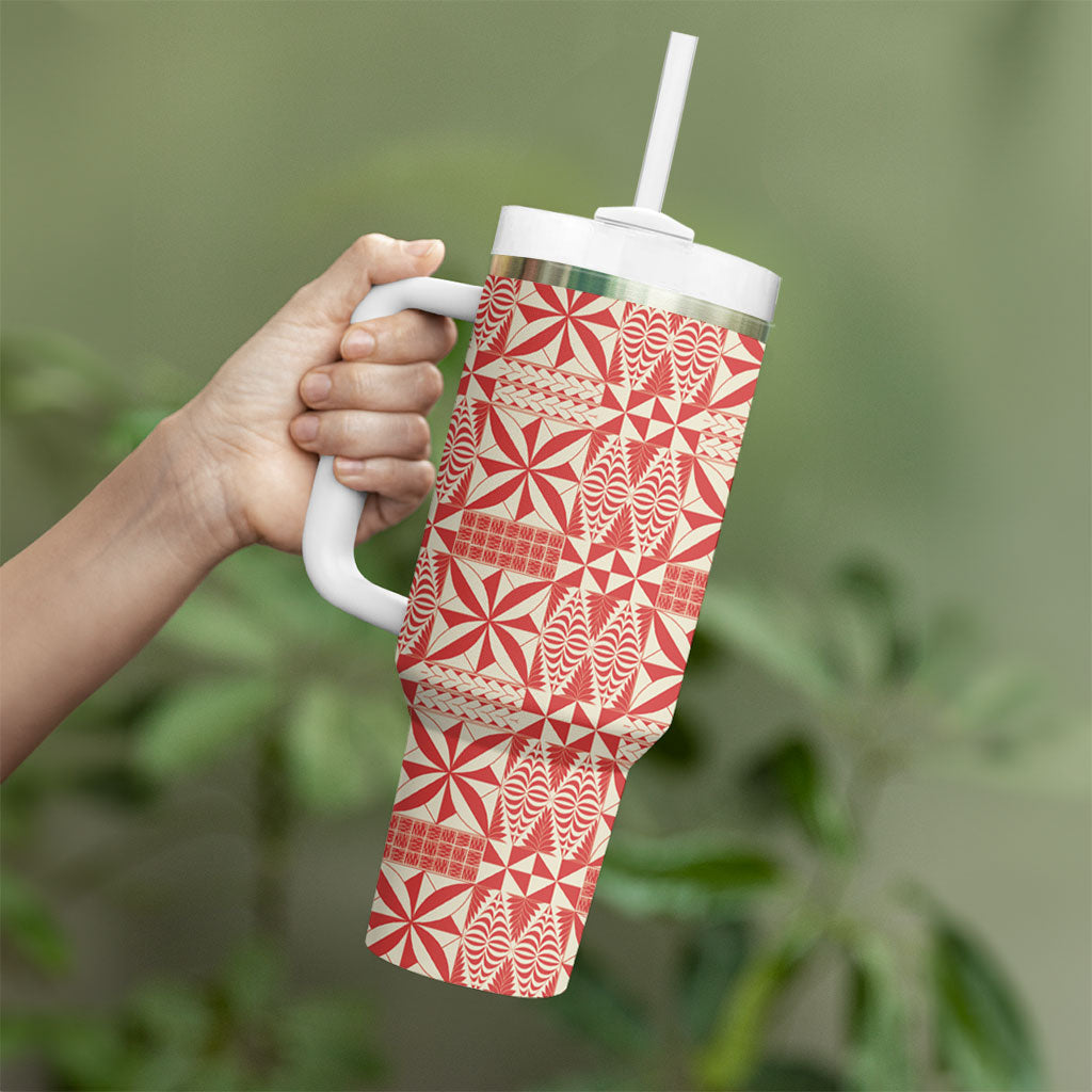 Red Ngatu Pattern Malo e Lelei Tonga Tumbler With Handle