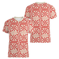 Red Ngatu Pattern Malo e Lelei Tonga Women V-Neck T-Shirt