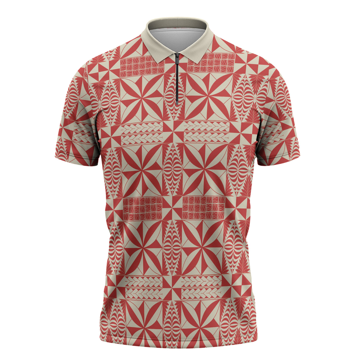 Red Ngatu Pattern Malo e Lelei Tonga Zipper Polo Shirt