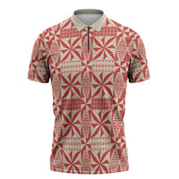 Red Ngatu Pattern Malo e Lelei Tonga Zipper Polo Shirt