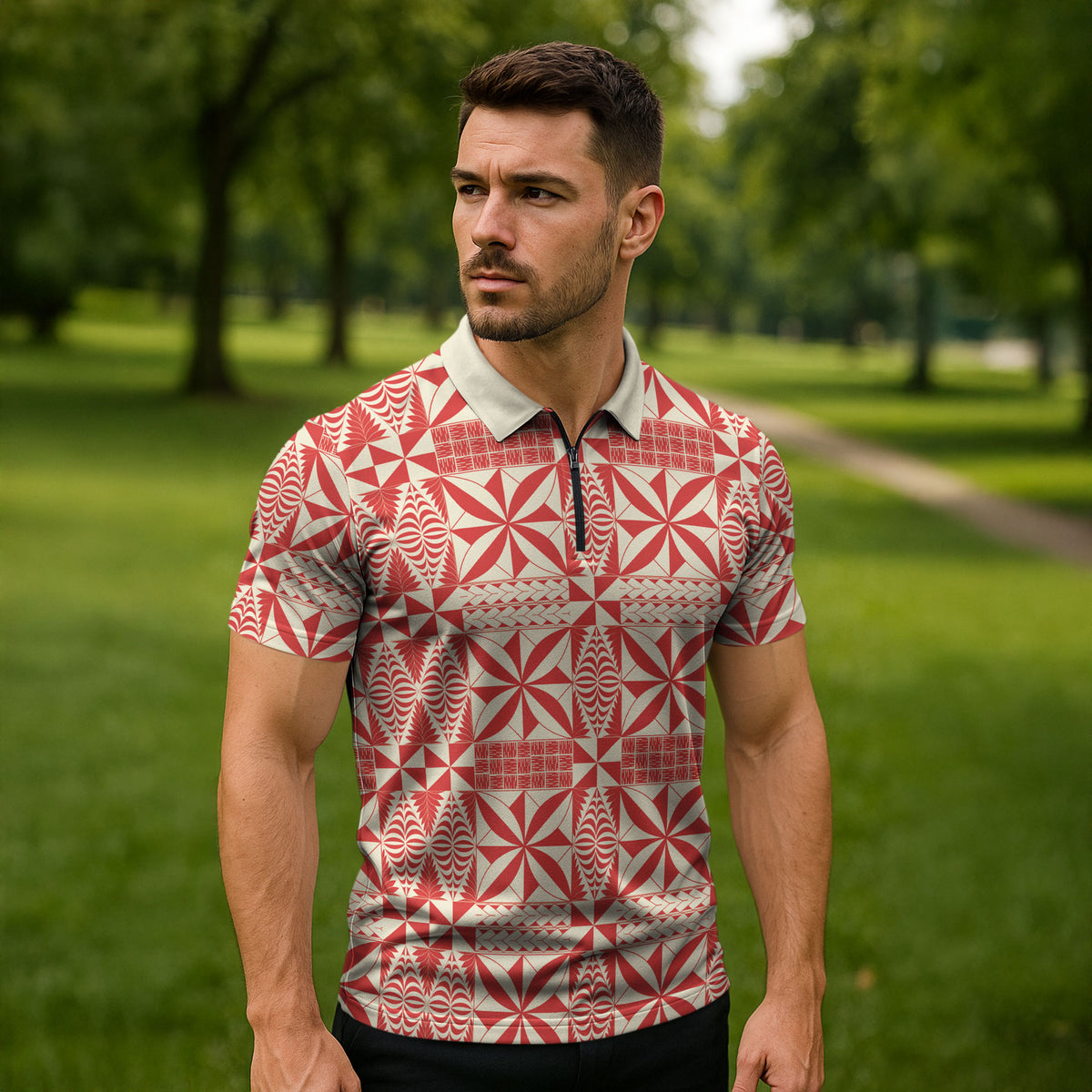 Red Ngatu Pattern Malo e Lelei Tonga Zipper Polo Shirt