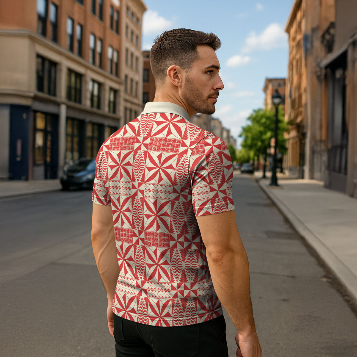 Red Ngatu Pattern Malo e Lelei Tonga Zipper Polo Shirt