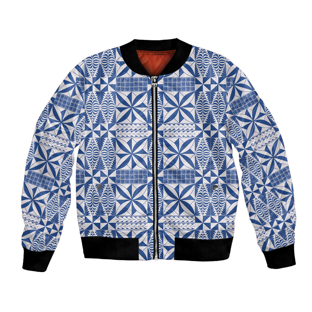 Blue Ngatu Pattern Malo e Lelei Tonga Bomber Jacket