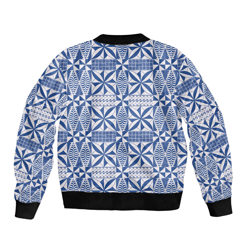Blue Ngatu Pattern Malo e Lelei Tonga Bomber Jacket
