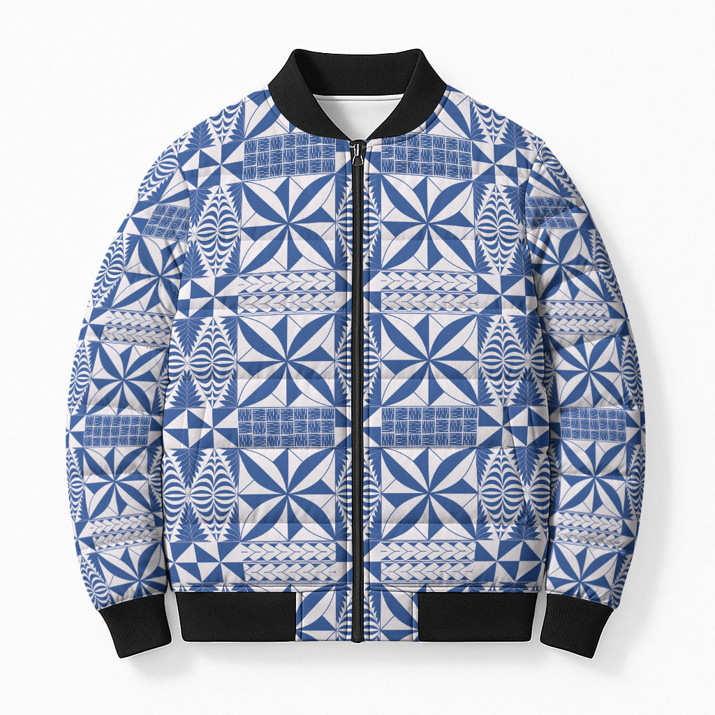 Blue Ngatu Pattern Malo e Lelei Tonga Bomber Puffer Jacket